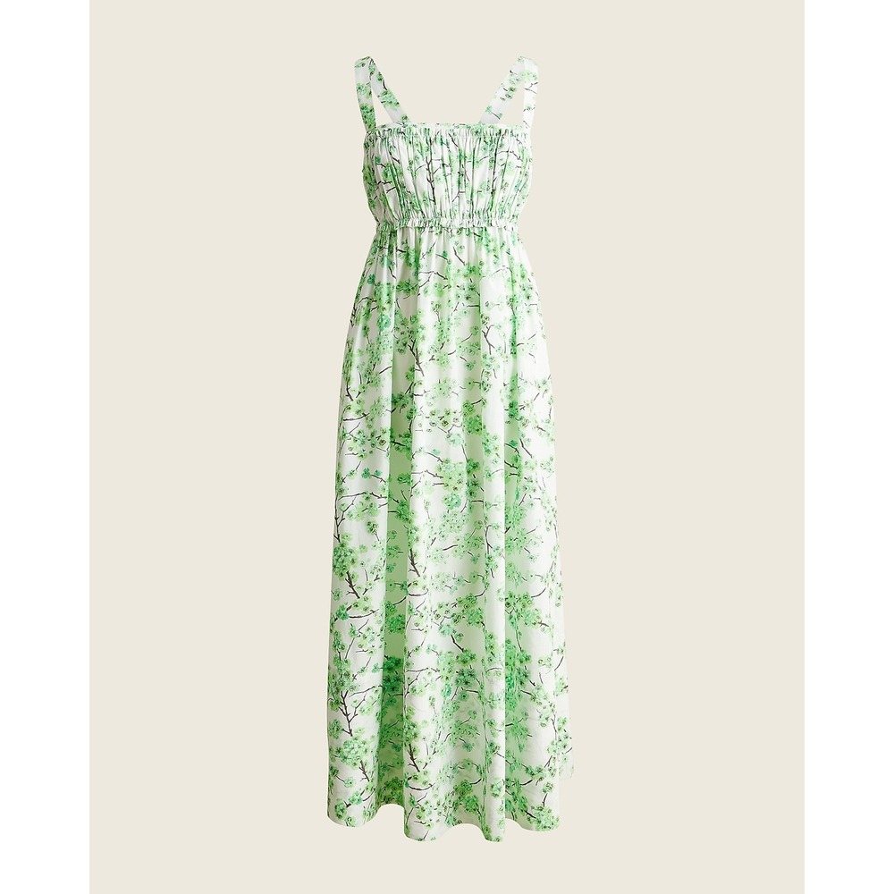 J. Crew Gathered tank midi dress in lime cherry blossoms 100% Cotton Size 6 EUC